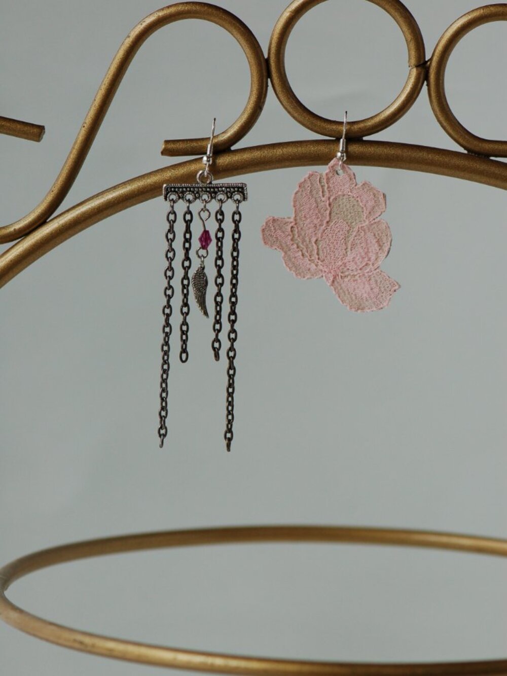 Mismatched daring earrings - Rose lace - Victorian pink lace on upcycled leather